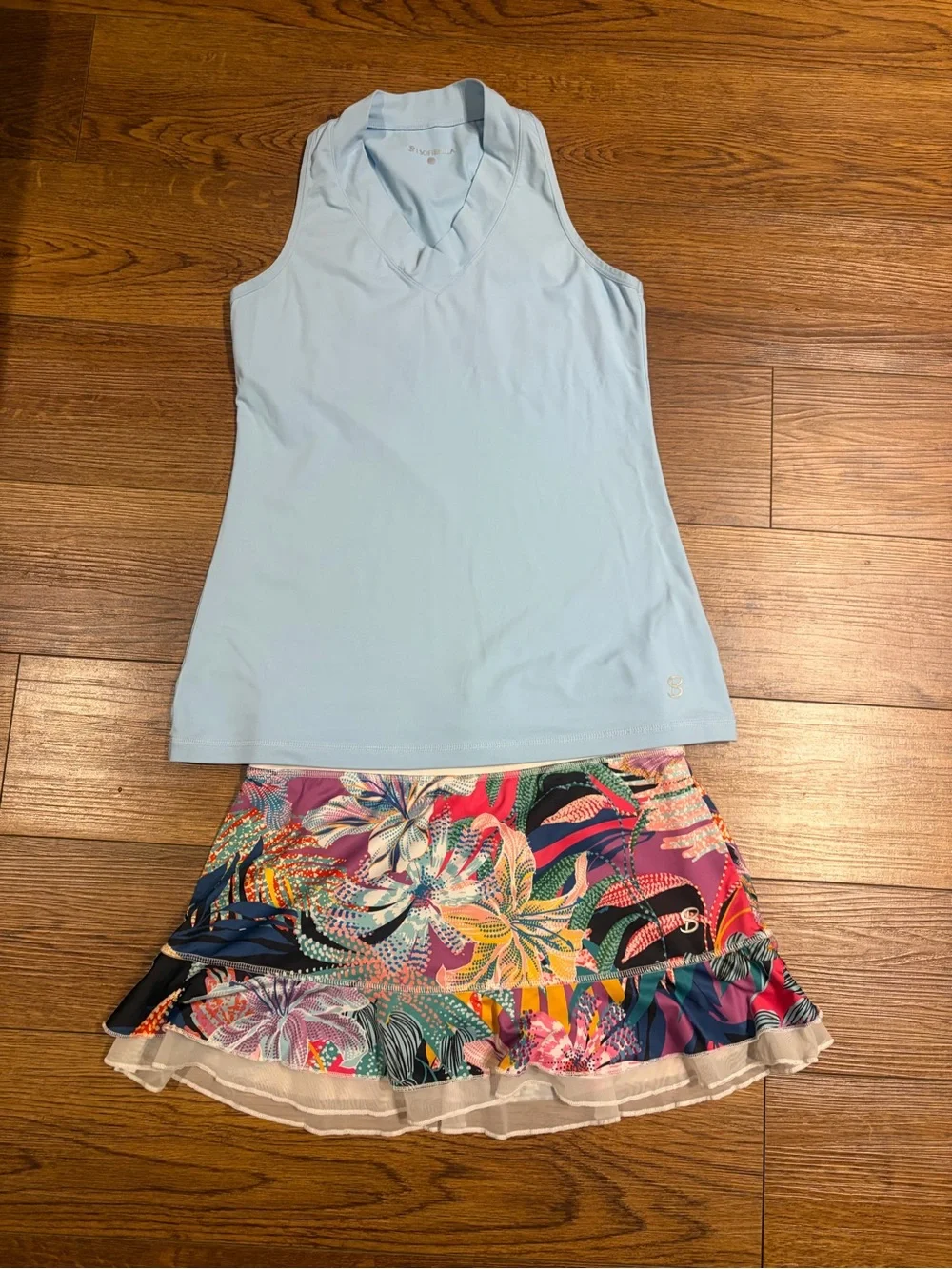 Sofibella Matching Set | Tropical Print Skirt + Baby Blue V-Neck Top | Size S
